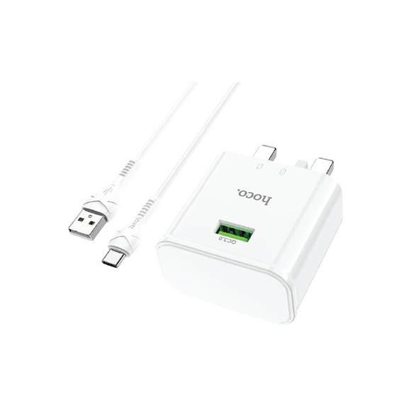 Hoco Starshine Single Port QC3.0 Quick Charging Adapter With USB to Type C Charging Data Cable C92B  White